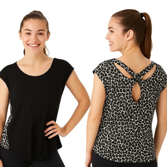 Forever 21 Tops - Forever 21 Crop Top M Black Gray Leopard Cap Sleeve‎ Cutout Cross Back Trendy